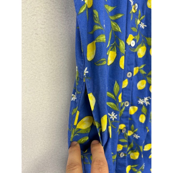 Fruit Core Lemon Print Women Blue Yellow Cotton Linen Button Front Shirt Dress - Picture 4 of 9